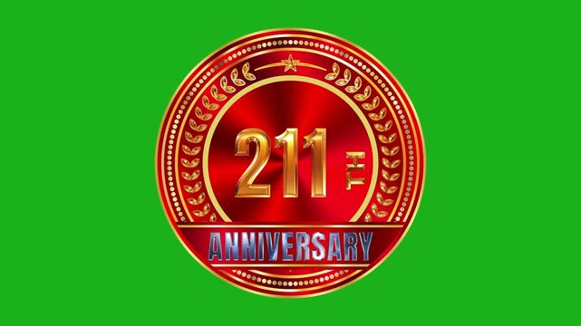 Polished 211th anniversary golden insignia featuring red velvet gloss finish and sparkling diamond border on green chroma key 4k video