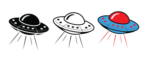 Flying Saucer UFOs with three different colorful designs representing extraterrestrial spacecraft, cosmic travel, alien technology, science fiction, and space themes © RIFAT01