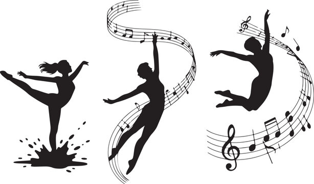 Silhouettes of dancers with musical notes against a white background