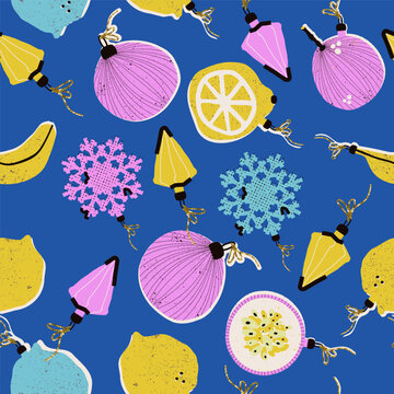 A seamless vector pattern of naive festive Christmas ornaments on blue background