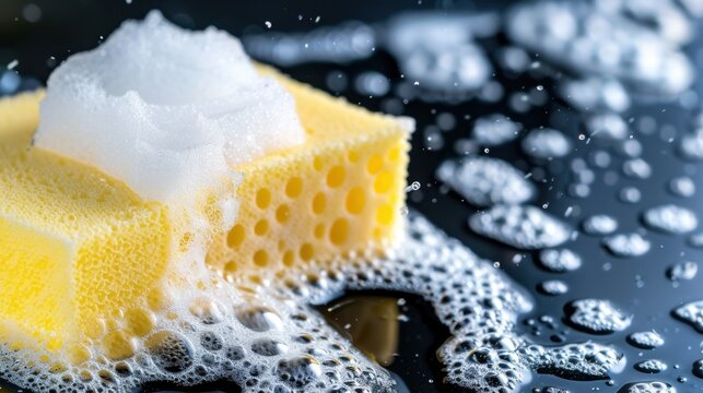 Close-up of Yellow Cleaning Sponge with Bubbles on Dark Background Showing Soap Suds and Texture Details