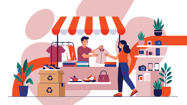 Small boutique market scene with vendor handing package to customer.