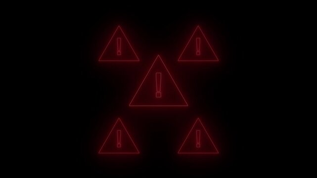 Neon warning signs exclamation mark alert danger symbol glowing on black background. Alert , risk , safety, danger road warning sign, warning attention icon signal.