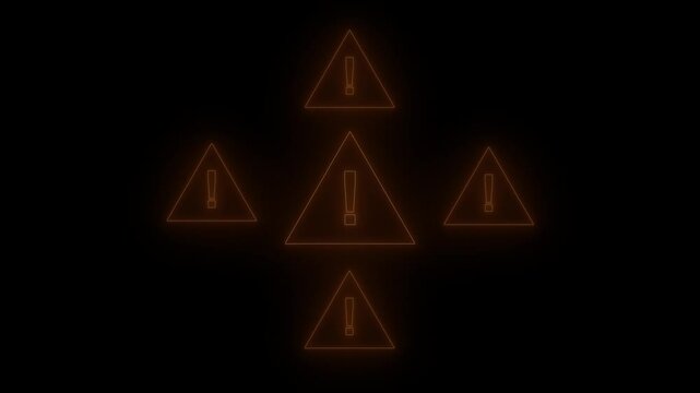 Neon warning signs exclamation mark alert danger symbol glowing on black background. Alert , risk , safety, danger road warning sign, warning attention icon signal.