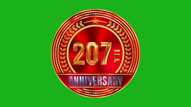 Majestic 207th anniversary festive badge with reflective metallic ruby core and sharp golden laurel leaves on green background 4k video