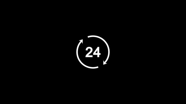 Animated line icon showing 24 hours timer or continuous countdown loop. 24 hours service icon animation. Clock icon animation. Arrow Clock 24- hours icon.
