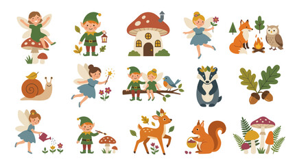 Fototapeta premium Cute Woodland Forest Fairies, Elves, Animals, Mushrooms, Nature Flat Vector Icons