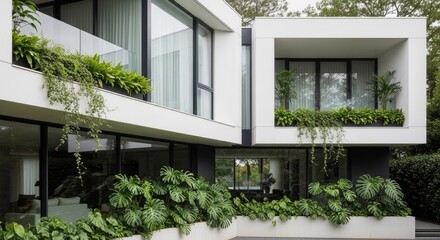 Fototapeta premium Sleek white architecture with integrated lush balcony greenery.