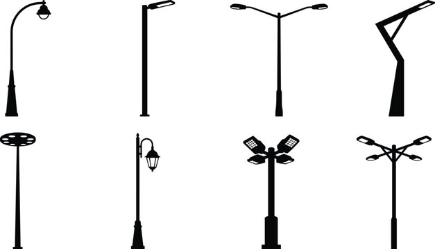 Street Lamp Silhouette Collection Featuring Modern, Vintage, Solar, and Decorative Outdoor Lighting Designs