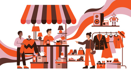Fototapeta premium Stylized retail clothing store scene with shoppers and sales staff interacting.