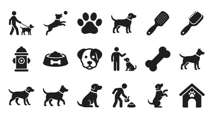 Fototapeta premium Minimalist black dog vector graphic icon set displaying various canine activities, accessories, and grooming tools for professional design projects today.
