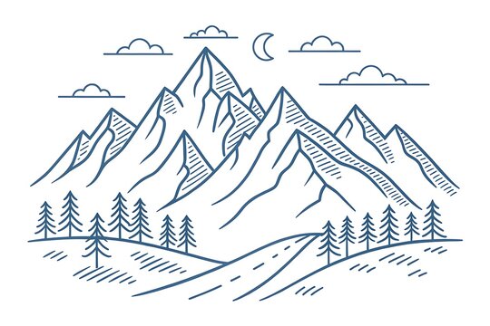Mountain landscape with pine trees and moon