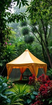 Tent with rainfly deployed, surrounded by lush foliage, forest surroundings, nature exploration