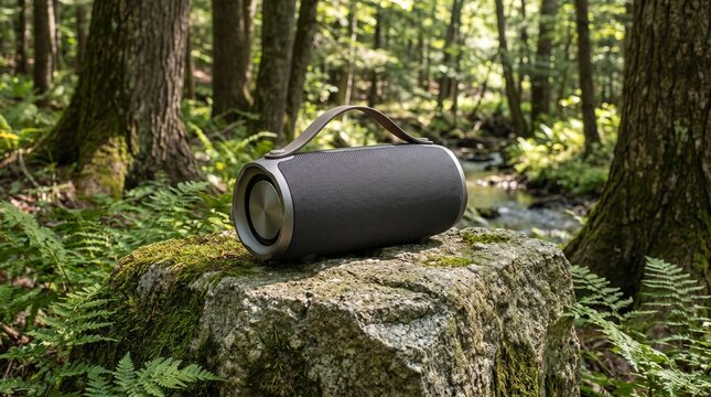 Portable wireless speaker resting on a mossy rock in a lush green forest.