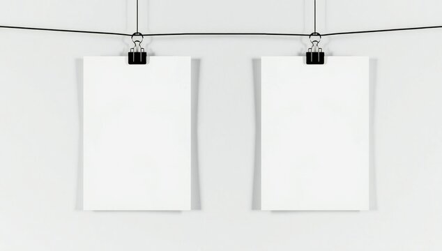 Two empty blank white paper posters hanging from a black wire with binder clips
