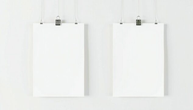 Two empty paper posters hanging from metal clips on a wall