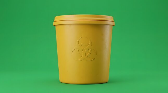 Yellow Clinical Waste Container with Biohazard Symbol on Green Background for Medical Safety
