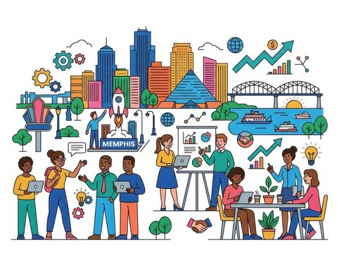 Diverse business team collaborating in a modern city illustration