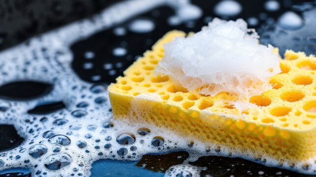 Close-up of Yellow Kitchen Sponge with Soap Suds and Foam on Dark Surface in Bright Lighting
