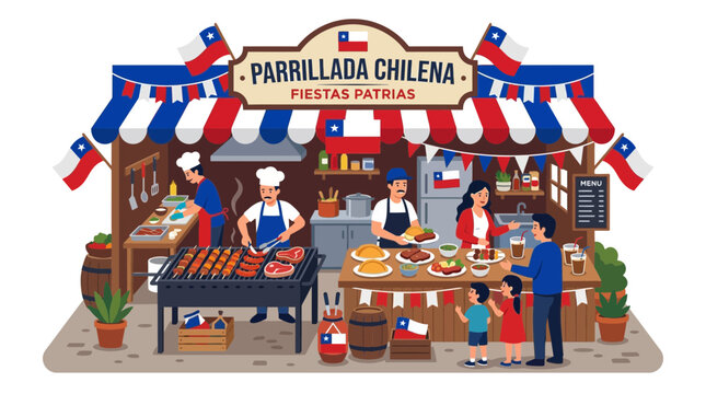 Chilean Parrillada Celebration with Food Stalls and People Enjoying Fiestas Patrias