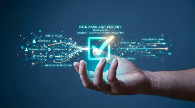 Hand holding a glowing data processing consent interface with a checkmark representing digital privacy agreement, secure cyber security approval, and online user rights