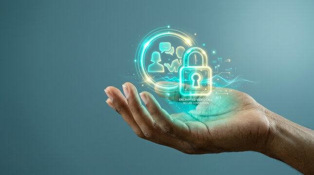 Hand holding a glowing padlock hologram with chatting people representing encrypted video call security, private digital communication, and safe online networking.
