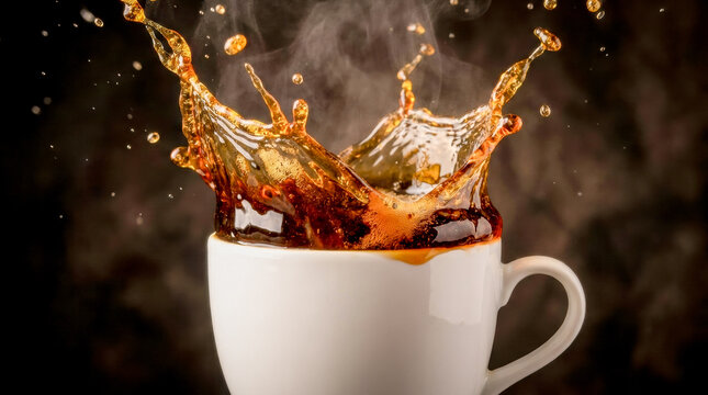 Dramatic splash of hot coffee in a white cup with steam rising against a dark background representing energetic morning beverage, dynamic caffeine boost, and fresh roasted espresso.