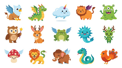 Fototapeta premium Flat Cartoon Vector Collection of Cute Fantasy Animals, Mythical Creatures, and Magical Monsters for Kids