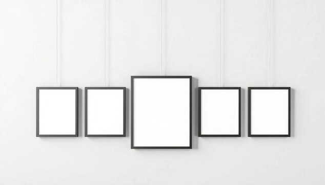 Five blank black picture frames hanging on a wall for art display