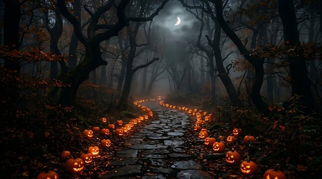 A dark and spooky forest path at night lined with glowing jack-o-lanterns under a crescent moon and heavy fog in a mysterious autumn woods