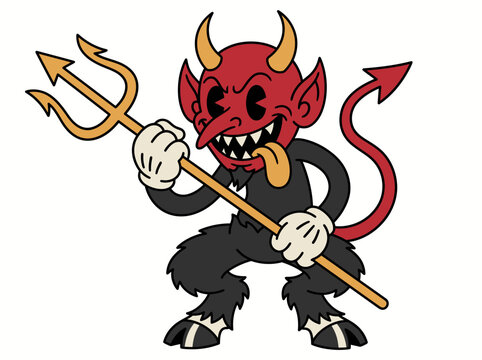 Vintage Cartoon Devil Character with Pitchfork in Retro Rubber Hose Style