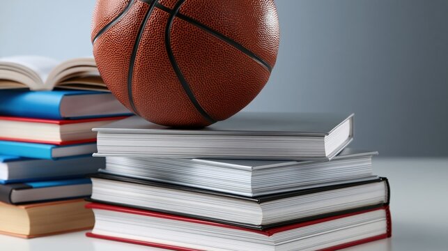 A sports ball rests atop a stack of academic books.