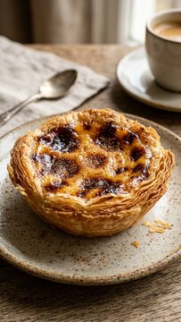 Traditional Portuguese custard tart sitting on ceramic plate with coffee in rustic cafe setting