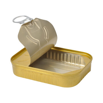 Empty opened sardine can with pull tab.