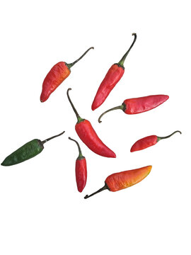 Fresh Assorted Red and Green Chili Peppers Scattered on White Background
