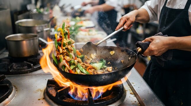 Professional Chef Stir-Frying Fresh Ingredients in a Hot Wok. Asian Cuisine Cooking Technique, Restaurant Kitchen, Culinary Preparation and High-Heat Food Service Concept