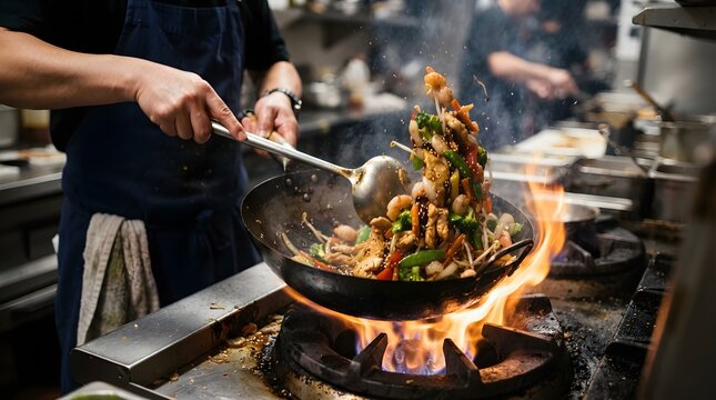Professional Chef Stir-Frying Fresh Ingredients in a Hot Wok. Asian Cuisine Cooking Technique, Restaurant Kitchen, Culinary Preparation and High-Heat Food Service Concept