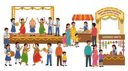 Fototapeta premium Ganesh Chaturthi Festival Celebration with School Kids Performing and Craft Stalls