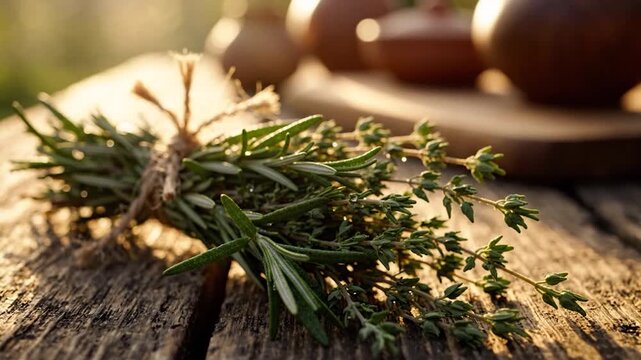 Fresh herb bundle on rustic wood table