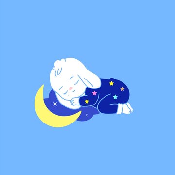 Cute white bunny sleeping peacefully on yellow crescent moon in starry blue pajamas vector illustration