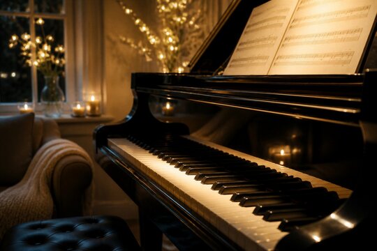 Grand piano illuminated with sheet music in cozy evening room