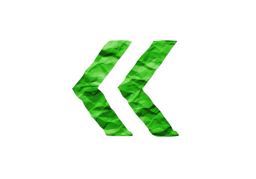 Green Arrows: A vibrant green graphic resembling quotation marks or left-pointing arrows, textured like crumpled paper, stands out against a clean backdrop, symbolizing quotation, selection.