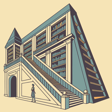 Isometric architectural library building with endless bookshelves and grand staircase vector art