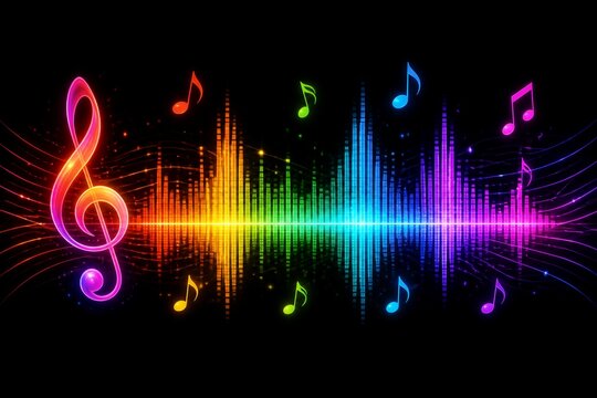 Colorful rainbow sound wave with musical notes on black background