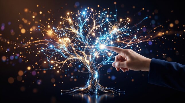 Futuristic glowing digital tree network, human hand touching bright light node, artificial intelligence technology visualization, abstract data connection structure