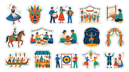 Fototapeta premium Flat Vector Set of Diverse Global Cultures, Folk Festivals, Traditional Crafts, Music, and Celebrations