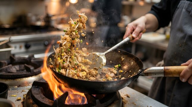 Professional Chef Stir-Frying Fried Rice in a Hot Wok. Asian Cuisine Cooking Technique, Restaurant Kitchen, and High-Heat Food Service Concept