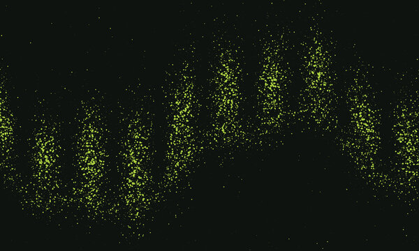 Abstract green particles forming a waveform against a dark background with selective focus