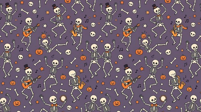 Spooky Seamless Skeleton Pattern With Skulls Pumpkins and Bones