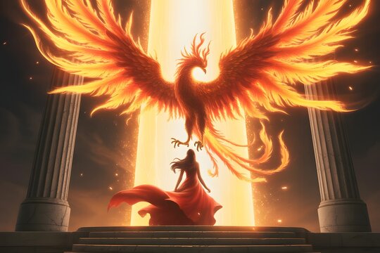 A majestic glowing phoenix with outstretched fiery wings descends towards a woman in a flowing red dress